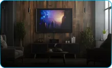 A television on a wood-paneled wall in a dark living room.