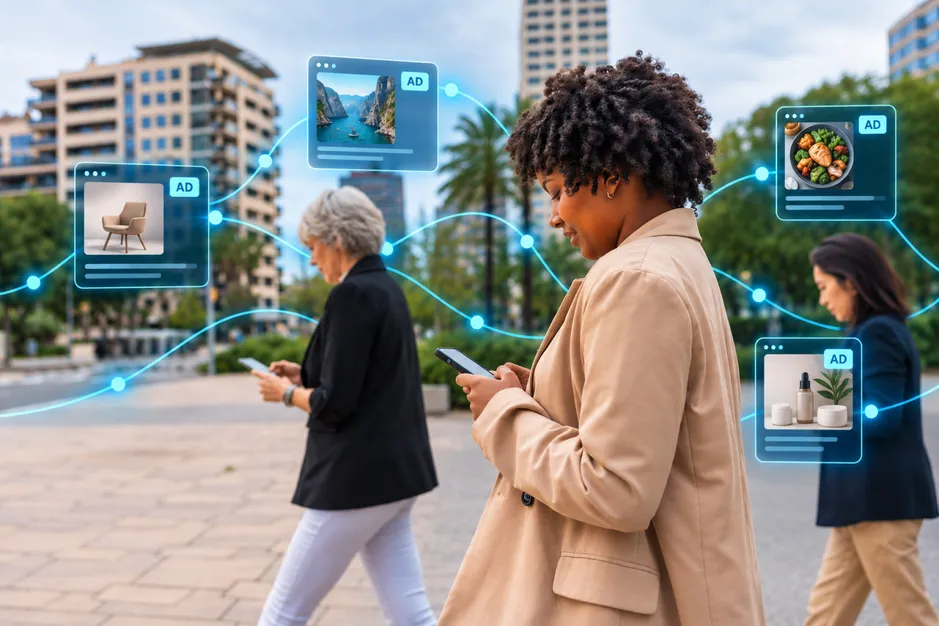 People on a city street looking at their phones, with display ads floating around them.