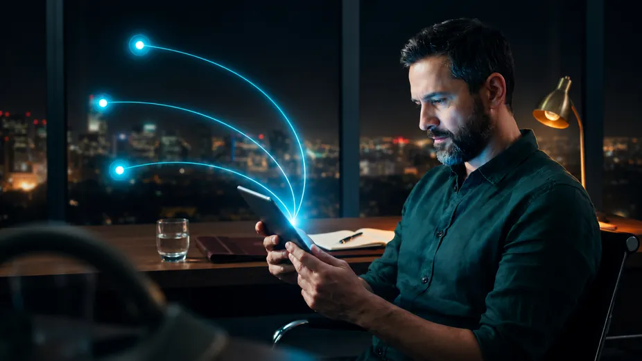 A man at a desk at night reading a tablet, three lines of light reaching it from across the room.