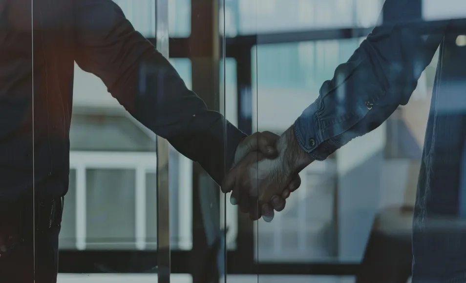 Two people shaking hands in an office.