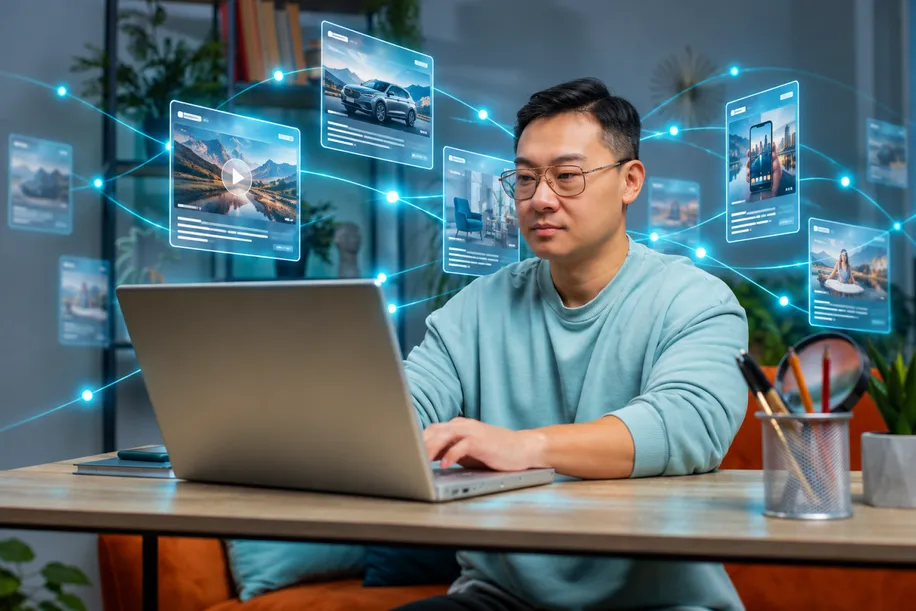 A man at a laptop, surrounded by floating ad placements.