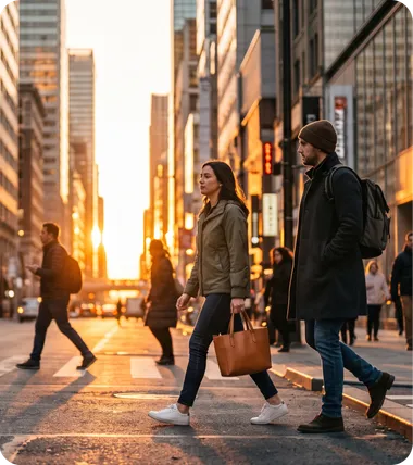 Commuters cross a city street at sunset.