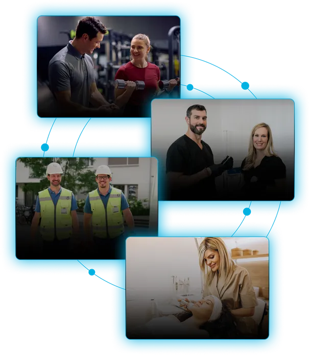 Four photos on blue rings: a fitness trainer with a client, a dental team, two construction workers and a spa client.