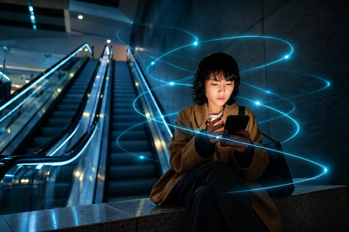 A young woman looking at her phone on an escalator.