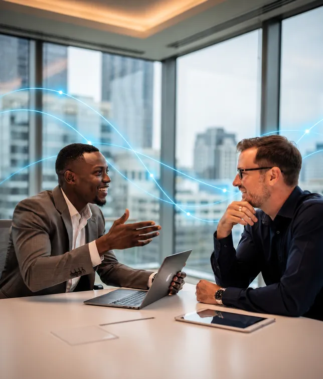 Two men talking across a meeting table by an office window.