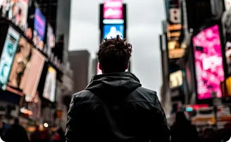 A man in a dark jacket stands among bright billboards in a city.